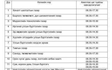 Улсын бүртгэлийн байгууллагын ажиллах цагийн хуваарьт өөрчлөлт орлоо