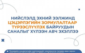 ЭХНИЙ ЭЭЛЖИЙН БАЙРШЛУУДАД ЦЭЦЭРЛЭГИЙН ЗОРИУЛАЛТААР ТҮРЭЭСЛҮҮЛЭХ БАРИЛГЫН САНАЛЫГ ХҮЛЭЭН АВЧ ЭХЭЛЛЭЭ