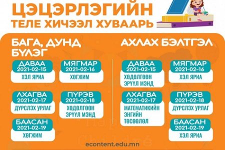 Хоёрдугаар сарын 15-19-ний теле хичээлийн ХУВААРЬ