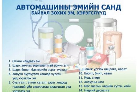 Амралт зугаалга, баярын өдрүүдэд автомашины эмийн санд байвал зохих дараах эм, хэрэгслүүдийг бэлтгэж, аян замдаа гарахыг зөвлөж байна.
