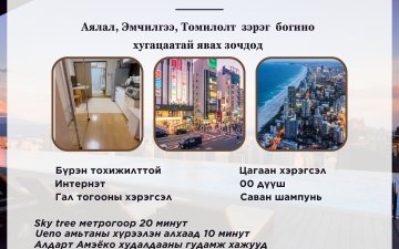 Япон улсад богино хугацаагаар аялах хүмүүст байнга тохилог гэр буудлаар үйлчилж байна.