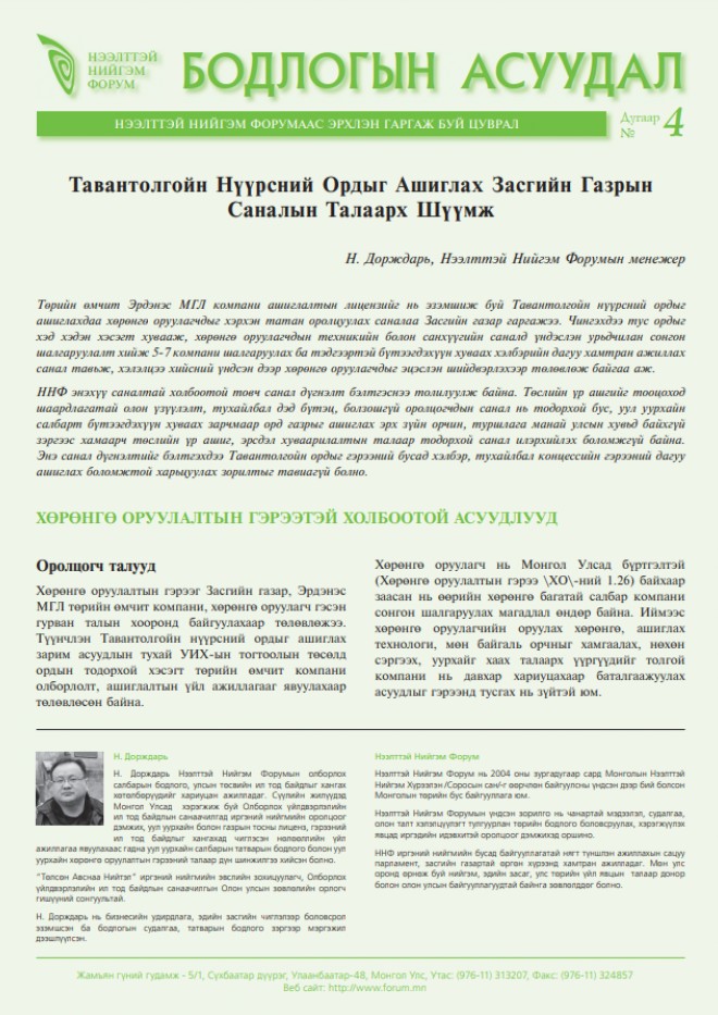 Тавантолгойн Нүүрсний ордыг ашиглах Засгийн газрын саналын талаарх шүүмж