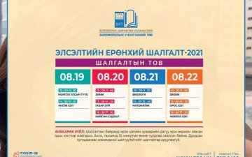 ЭЛСЭЛТИЙН ЕРӨНХИЙ ШАЛГАЛТЫГ 8 ДУГААР САРЫН 19-22-НИЙ ӨДРҮҮДЭД ЗОХИОН БАЙГУУЛНА