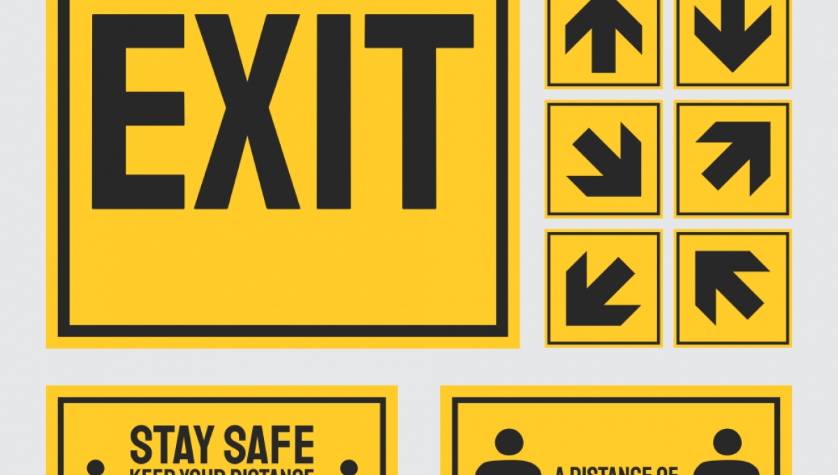 Distance Exit Sign Floor sign exit, arrows and social distancing | Social distancing ...