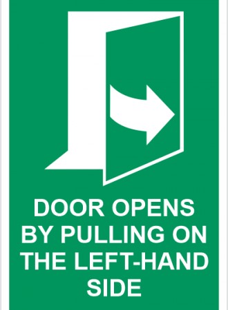 Door opens by pulling on the left-hand side sign