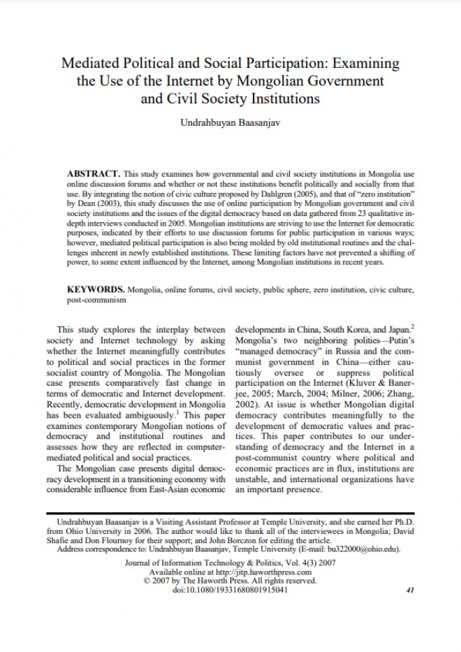Mediated Political and Social Participation: Examining the Use of the Internet by Mongolian Government and Civil Society Institutions 