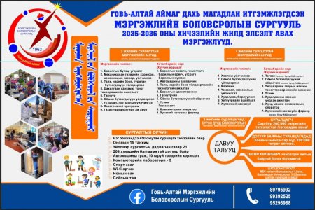 Говь-Алтай аймгийн Мэргэжлийн Боловсролын Сургууль нэмэлт элсэлтээ авч эхэллээ. Сургууль дээр ирж бүртүүлнэ үү.