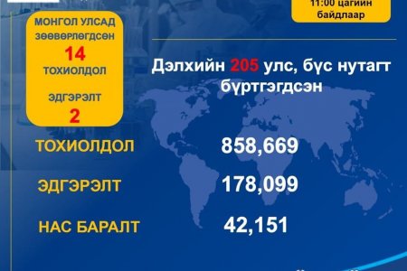 Шинэ коронавирусний халдвар аваад эдгэрсэн хүний тоо 178 099 болжээ