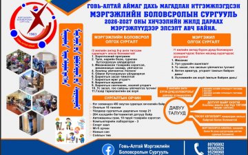 ГОВЬ-АЛТАЙ АЙМАГ ДАХЬ МЭРГЭЖЛИЙН БОЛОВСРОЛЫН СУРГУУЛИЙН 2026-2027 ОНЫ ХИЧЭЭЛИЙН ЖИЛИЙН ЭЛСЭЛТИЙН БҮРТГЭЛ ЯВАГДАЖ БАЙНА.