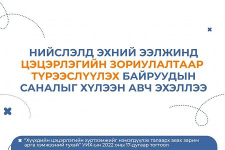 ЭХНИЙ ЭЭЛЖИЙН БАЙРШЛУУДАД ЦЭЦЭРЛЭГИЙН ЗОРИУЛАЛТААР ТҮРЭЭСЛҮҮЛЭХ БАРИЛГЫН САНАЛЫГ ХҮЛЭЭН АВЧ ЭХЭЛЛЭЭ
