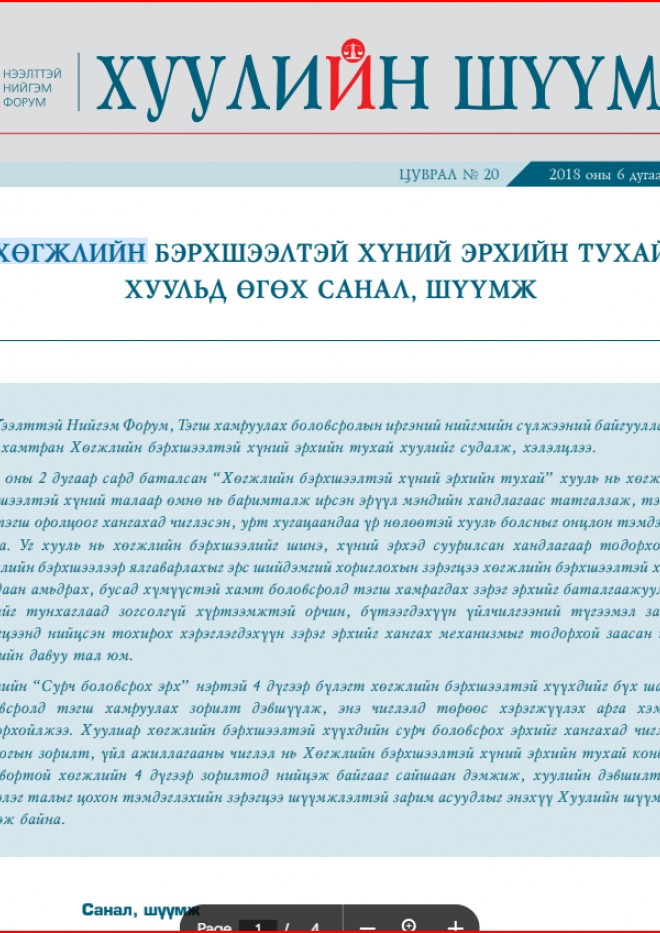 Хөгжлийн бэрхшээлтэй хүний эрхийн тухай хуульд өгөх санал, шүүмж - Хуулийн шүүмж №20