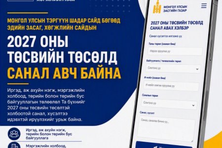 МОНГОЛ УЛСЫН ТЭРГҮҮН ШАДАР САЙД БӨГӨӨД ЭДИЙН   ЗАСАГ, ХӨГЖЛИЙН САЙДЫН ЭРХЛЭХ АСУУДЛЫН  ХҮРЭЭНИЙ 2027 ОНЫ ТӨСВИЙН ТӨСЛИЙН ТАНИЛЦУУЛГА