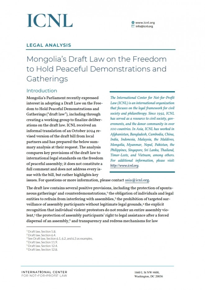 ICNL: Mongolia’s Draft Law on the Freedom to Hold Peaceful Demonstrations and Gatherings