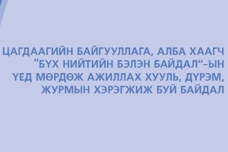 ЦАГДААГИЙН БАЙГУУЛЛАГА, АЛБА ХААГЧ БҮХ НИЙТИЙН БЭЛЭН БАЙДАЛ-ЫН ҮЕД МӨРДӨЖ АЖИЛЛАХ ХУУЛЬ, ДҮРЭМ, ЖУРМЫН ХЭРЭГЖИЖ БУЙ БАЙДАЛ