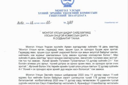 Хүний эрхийн Үндэсний Комисс Улсын Онцгой Комисст Шаардлага хүргүүллээ