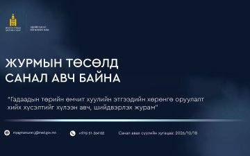 ГАДААДЫН ТӨРИЙН ӨМЧИТ ХУУЛИЙН ЭТГЭЭДИЙН ХӨРӨНГӨ ОРУУЛАЛТ ХИЙХ ХҮСЭЛТИЙГ ХҮЛЭЭН АВЧ, ШИЙДВЭРЛЭХ ЖУРМЫН ТӨСӨЛД САНАЛ АВЧ БАЙНА.
