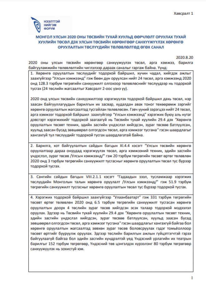 Монгол Улсын 2020 оны тухай хуульд өөрчлөлт оруулах тухай хуулийн төсөл дэх улсын төсвийн хөрөнгөөр санхүүжүүлэх хөрөнгө оруулалтын төслүүдийн төлөвлөлтөд өгөх санал