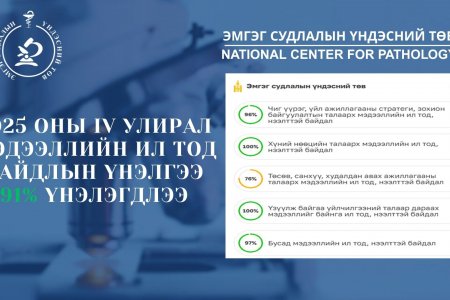 ЭМГЭГ СУДЛАЛЫН ҮНДЭСНИЙ ТӨВ ИЛ ТОД БАЙДЛЫН ҮНЭЛГЭЭГЭЭР 91% ГҮЙЦЭТГЭЛТЭЙ ҮНЭЛЭГДЛЭЭ
