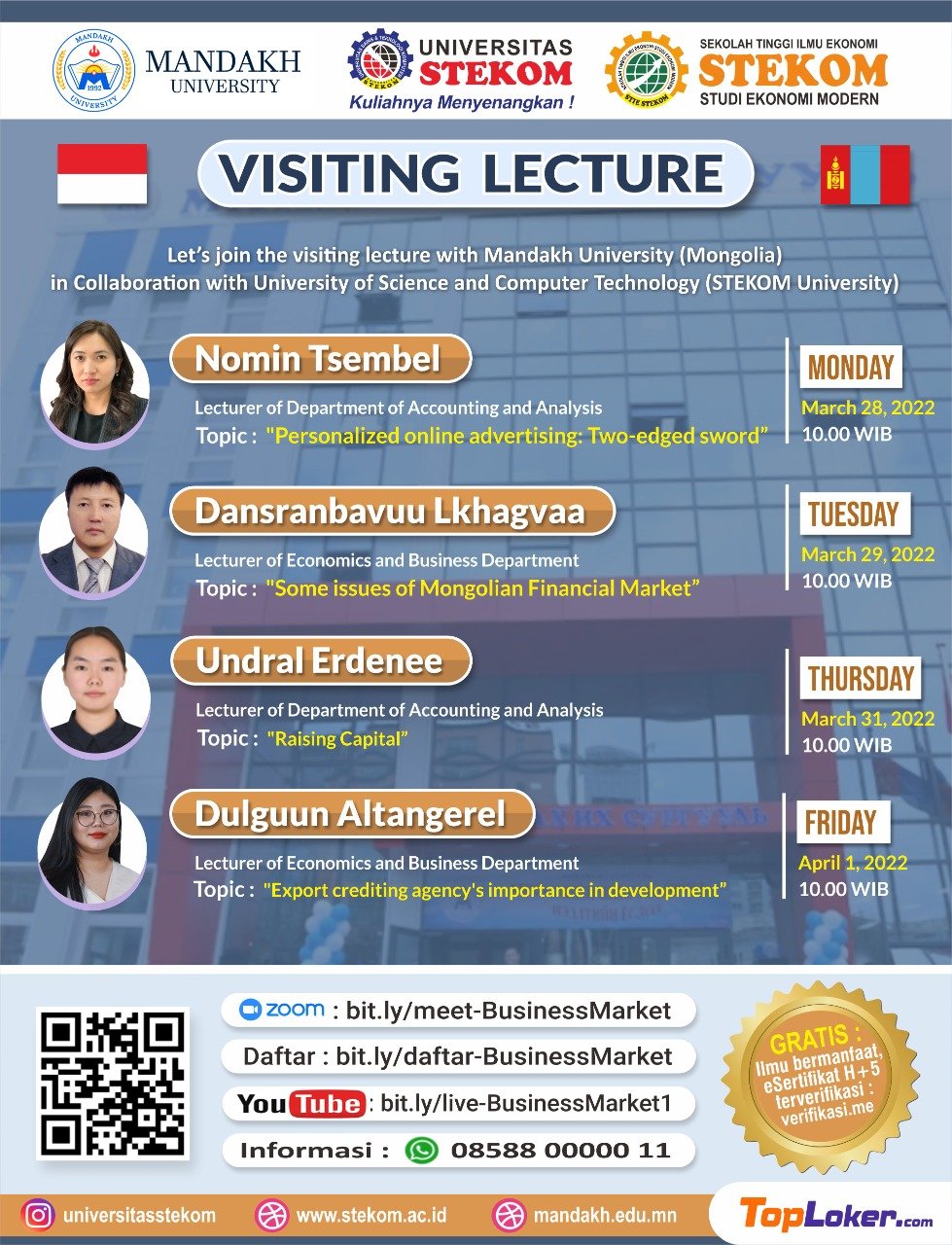 Mandakh University lecturers successfully participate in the “Visiting Lecturers” event hosted by University of Science & Computer Technology (Stekom), Indonesia and Smart Indonesian Teacherpreneur Association (PTIC)