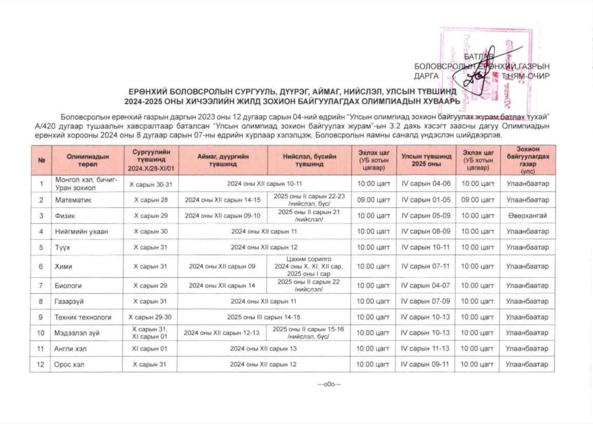 2024-2025 оны хичээлийн жилд зохион байгуулагдах олимпиадуудын хуваарь
