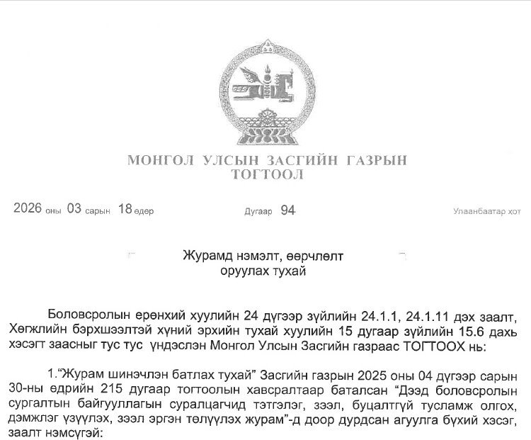 Дээд боловсролын байгууллагын суралцагчдад тэтгэлэг, зээл, буцалтгүй тусламж, дэмжлэг үзүүлэх журмын нэмэлт, өөрчлөлт