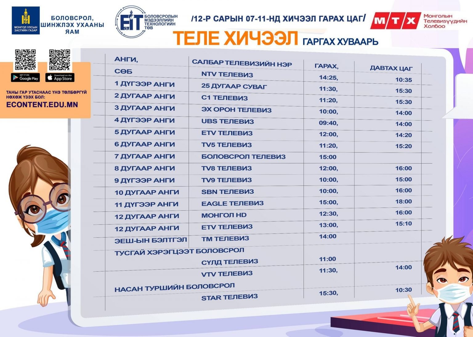 ТЕЛЕ ХИЧЭЭЛИЙН ХУВААРЬ: 2020 оны 12 сарын 07-11