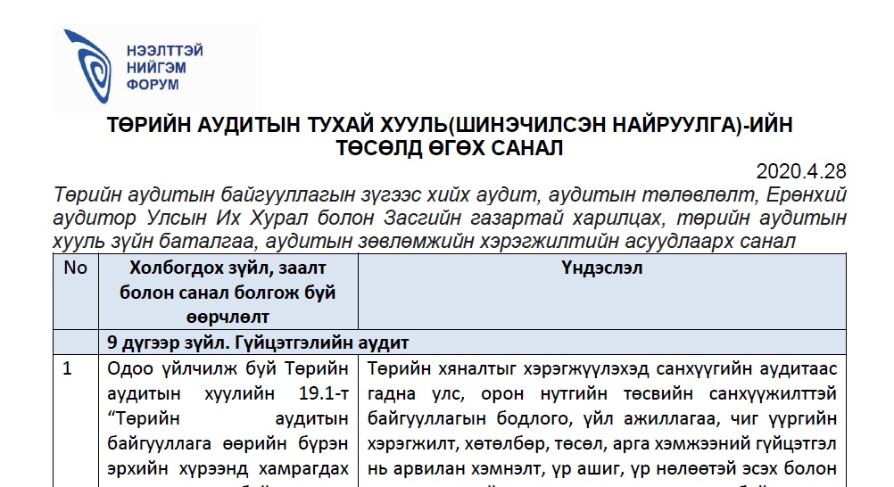 ТӨРИЙН АУДИТЫН ТУХАЙ ХУУЛЬ(ШИНЭЧИЛСЭН НАЙРУУЛГА)-ИЙН ТӨСӨЛД ӨГӨХ САНАЛ