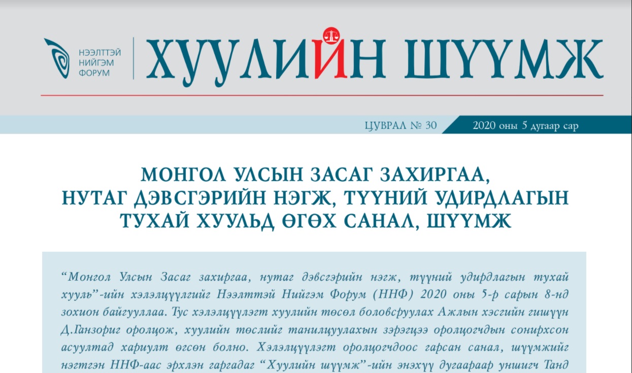 МОНГОЛ УЛСЫН ЗАСАГ ЗАХИРГАА, НУТАГ ДЭВСГЭРИЙН НЭГЖ, ТҮҮНИЙ УДИРДЛАГЫН ТУХАЙ ХУУЛЬД ӨГӨХ САНАЛ, ШҮҮМЖ