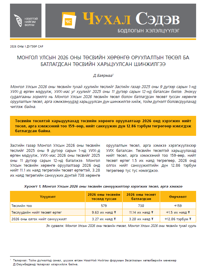 Монгол Улсын 2026 оны төсвийн хөрөнгө оруулалтын төсөл ба батлагдсан төсвийн харьцуулсан  шинжилгээ