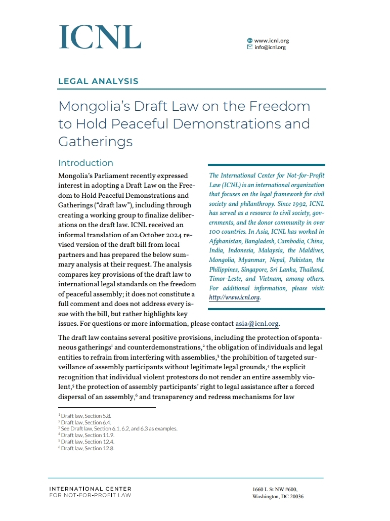 ICNL: Mongolia’s Draft Law on the Freedom to Hold Peaceful Demonstrations and Gatherings