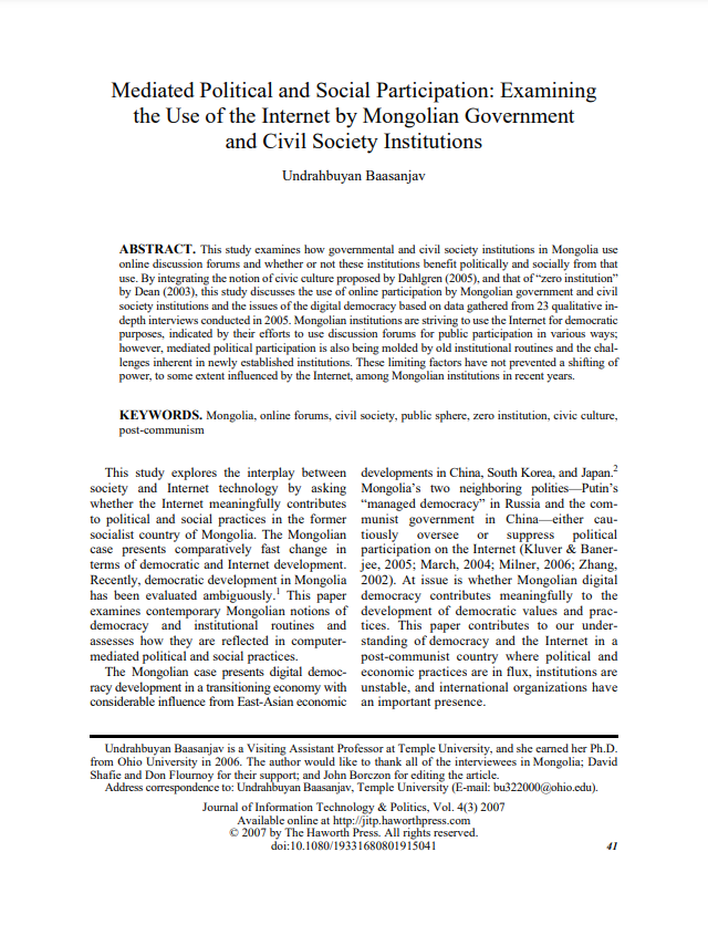 Mediated Political and Social Participation: Examining the Use of the Internet by Mongolian Government and Civil Society Institutions 