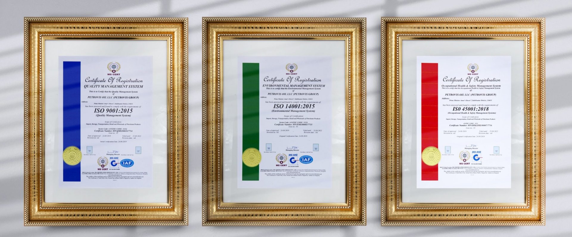 Petrovis Grouphas passed three types of ISO audits and continues to hold certificates. 