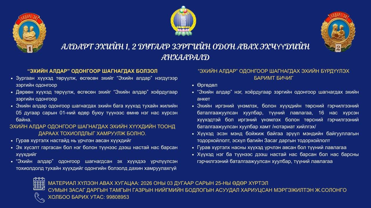 “АЛДАРТ ЭХ”-ИЙН ОДОНГООР ШАГНАГДАХ ЭХЧҮҮДИЙН МАТЕРИАЛ ХҮЛЭЭН АВЧ ЭХЭЛЛЭЭ.