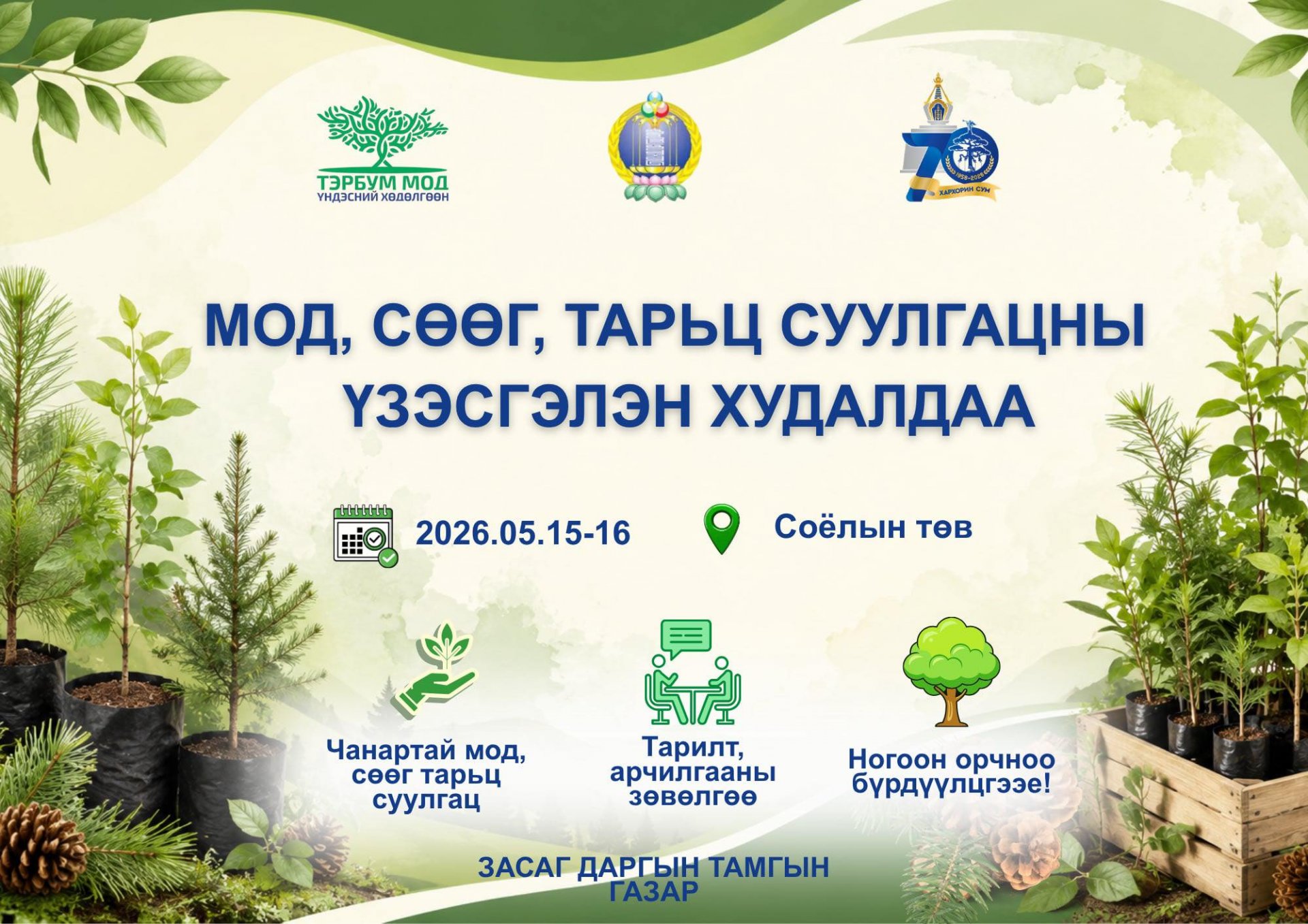 МОД, СӨӨГ, ТАРЬЦ СУУЛГАЦНЫ ҮЗЭСГЭЛЭН ХУДАЛДАА БОЛНО.