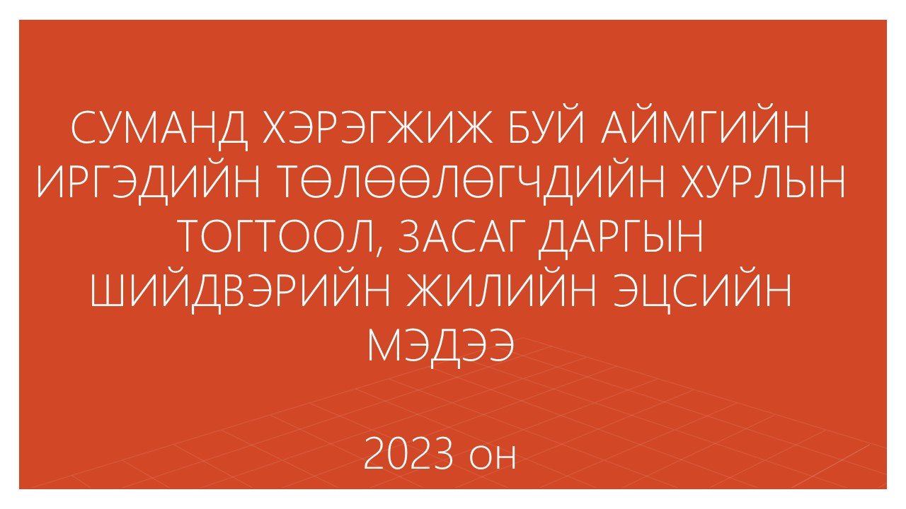 СУМАНД ХЭРЭГЖИЖ БУЙ АЙМГИЙН ИРГЭДИЙН ТӨЛӨӨЛӨГЧДИЙН ХУРЛЫН ТОГТООЛ, ЗАСАГ ДАРГЫН ШИЙДВЭРИЙН ЖИЛИЙН ЭЦСИЙН МЭДЭЭ