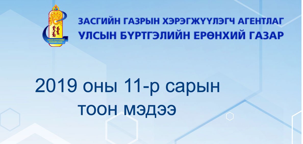 Улсын бүртгэлийн байгууллагын 2019 оны 11-р сарын тоон мэдээг танилцуулж байна