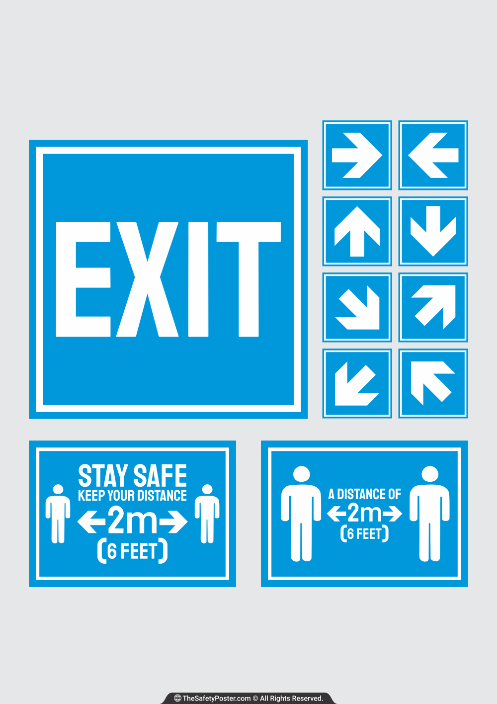 Floor sign exit, arrows and social distancing - blue