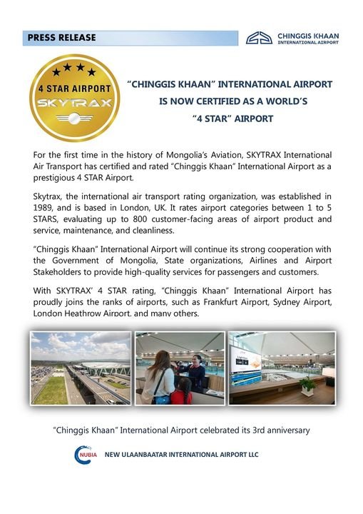 “CHINGGIS KHAAN” INTERNATIONAL AIRPORT IS NOW CERTIFIED AS A WORLD’S “4 STAR” AIRPORT  