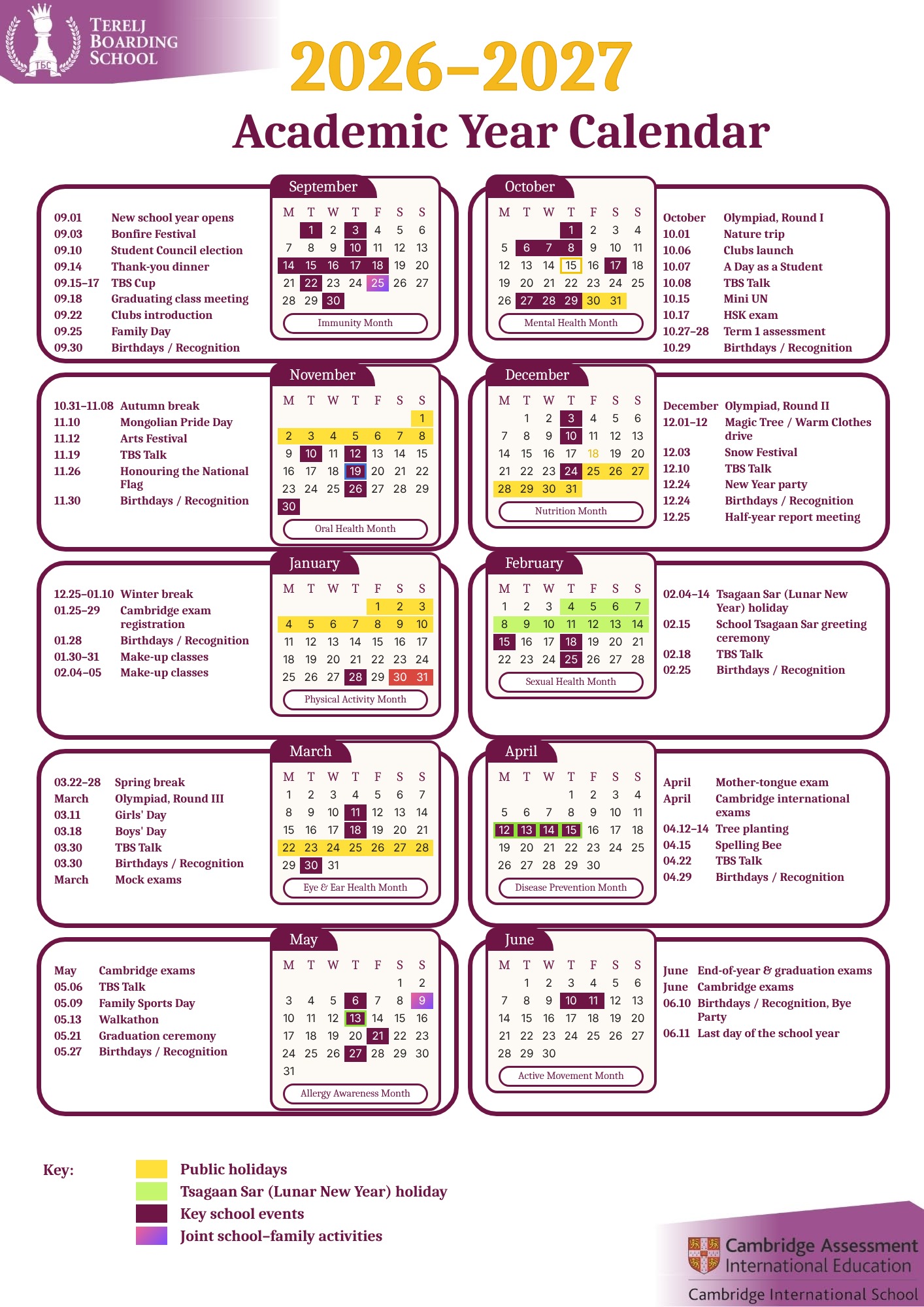 Terelj Boarding School 2026–2027 Academic Year Calendar